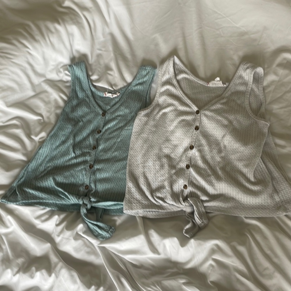 Blue and white button down tank tops